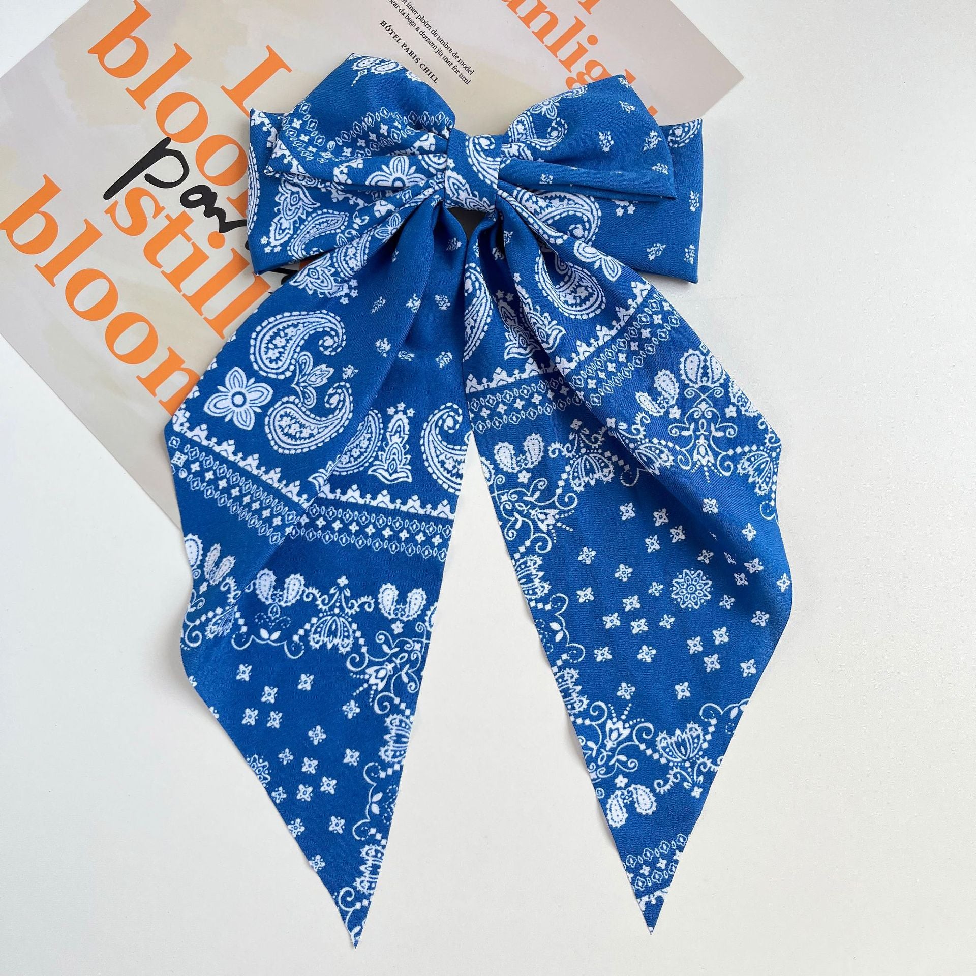 Wholesale Retro Printed Large Streamer Bow Back Head Spring Clip